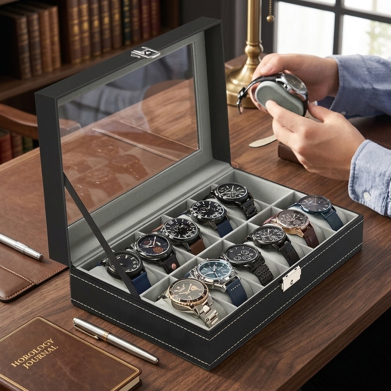 Men Accessories Organiser - علبة ساعات من الجلد الصناعي بفتحات